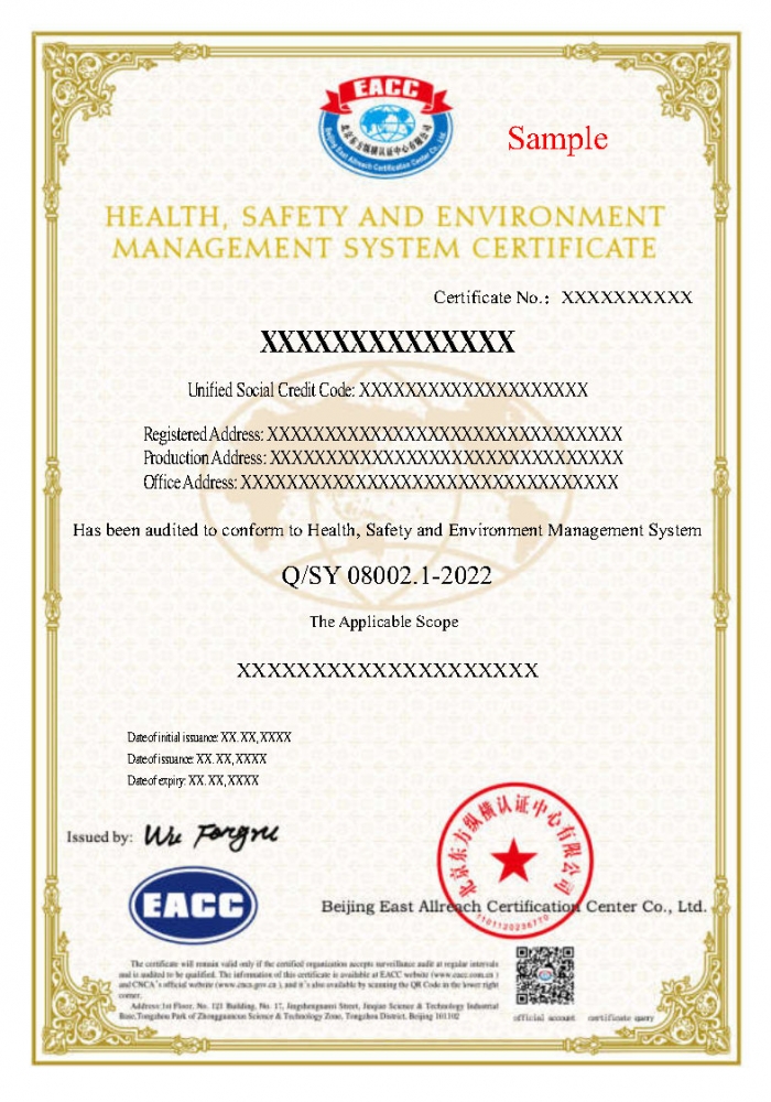 健康、安全和環(huán)境管理體系證書樣本